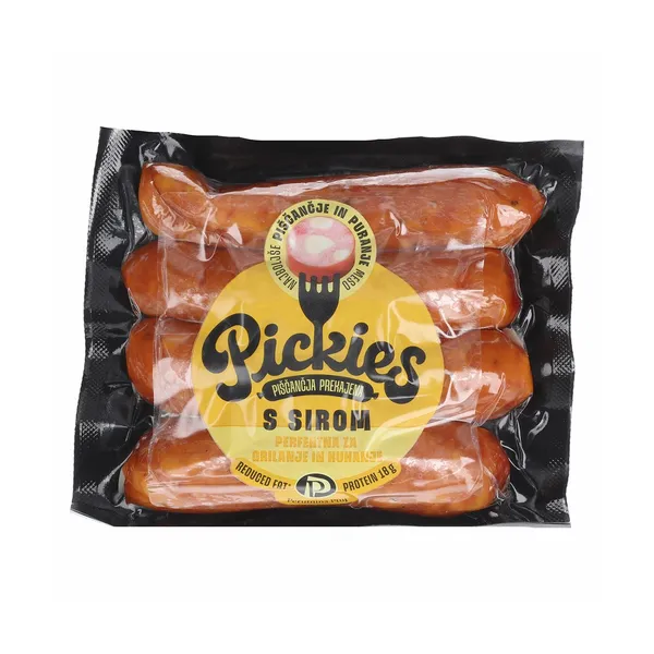 Piščančja prekajena klobasa, s sirom, pickies