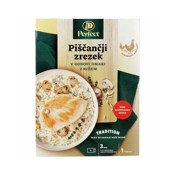 Piščančji zrezek v gobovi omaki z rižem Perfect, perutnina ptuj, 330 g