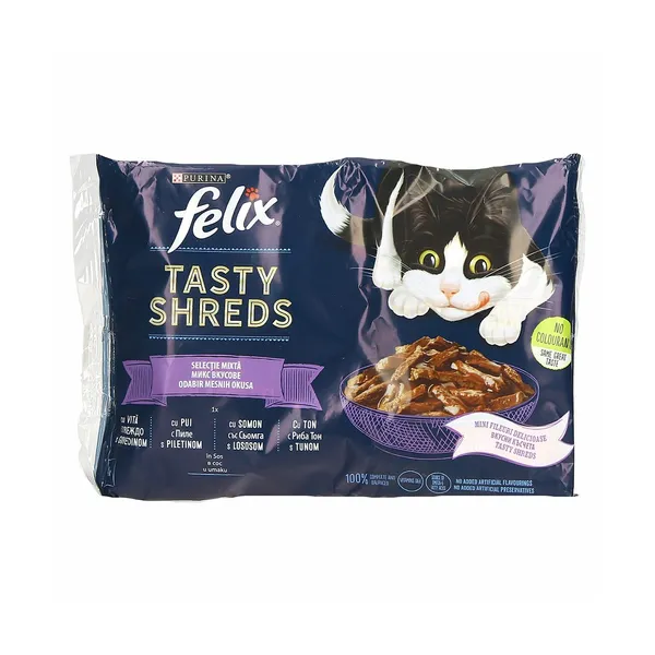 Mokra hrana za mačke mix, tuna, losos, piščanec in govedina, Felix, 320 g