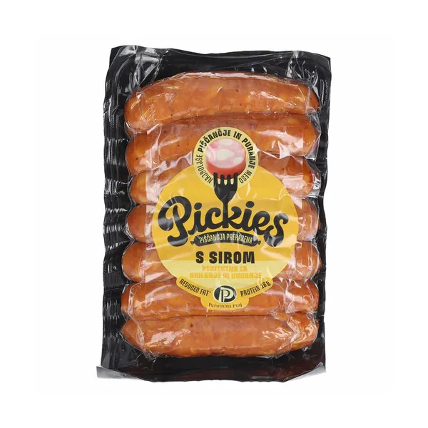 Piščančja prekajena klobasa s sirom, pickies