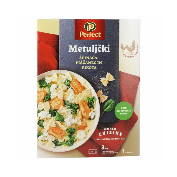 Metuljčki s piščancem, špinačo in rikoto Perfect, perutnina ptuj, 380 g