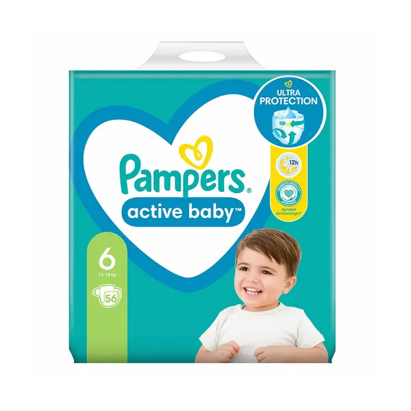 Plenice extra large št.6 13-18kg, active baby dry, giant pack, Pampers, 56 kos