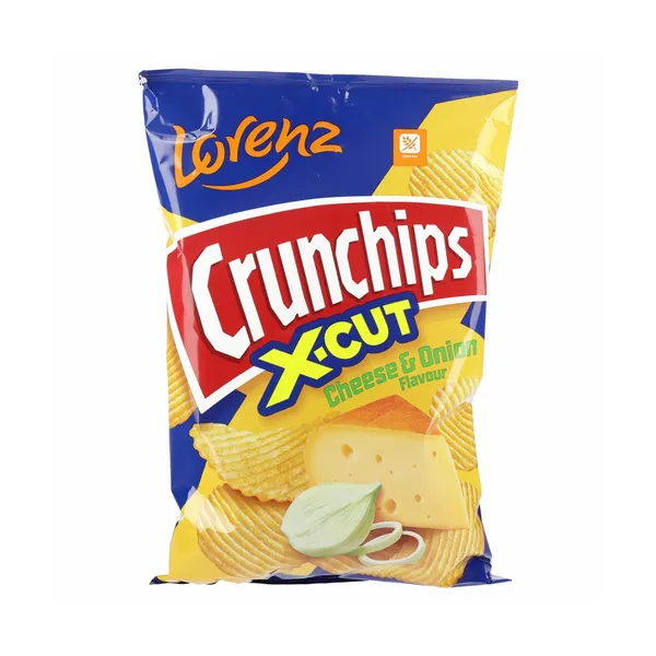 Rebrasti krompirjev čips z okusom sira in čebule crunchips x-cut, Lorenz, 130 g