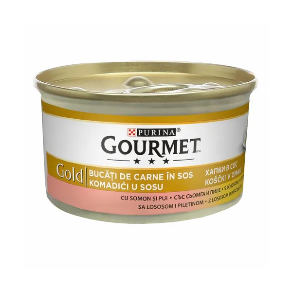Mokra hrana za mačke piščanec in losos Gourmet Gold, purina, 85 g