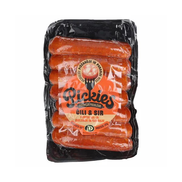 Piščančja prekajena klobasa s sirom in čilijem, pickies