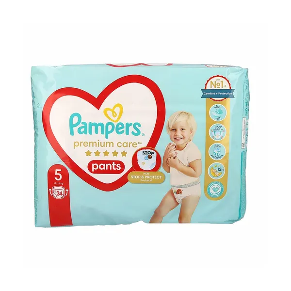 Hlačne plenice maxi+ št.5 12-17kg, premium care, Pampers, 34 kos