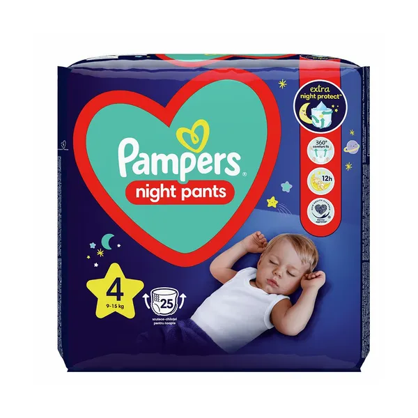 Nočne hlačne plenice maxi št.4 9-15kg, Pampers, 25 kos