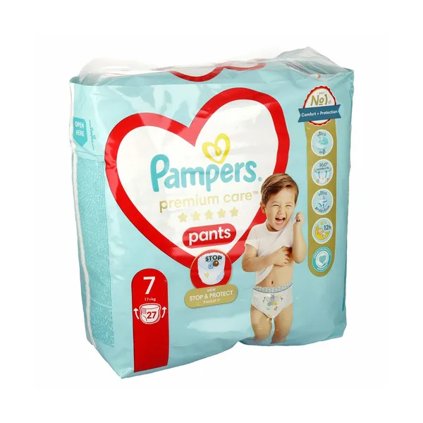 Hlačne plenice junior+ št.7 17kg+, premium care, Pampers, 27 kos