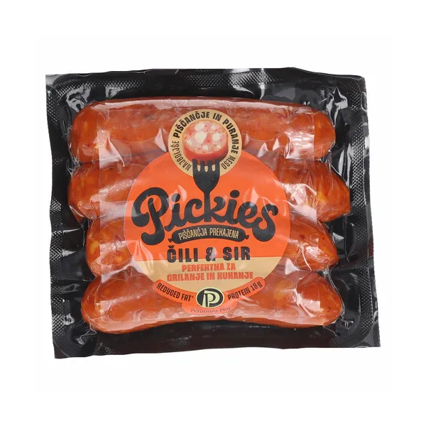 Piščančja prekajena klobasa, s čilijem in sirom, pickies