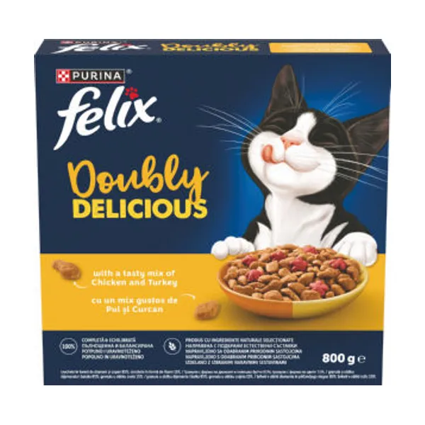 Felix za mačke, briketi, Doubly Delicious, Adul, piščanec, puran, 800 g